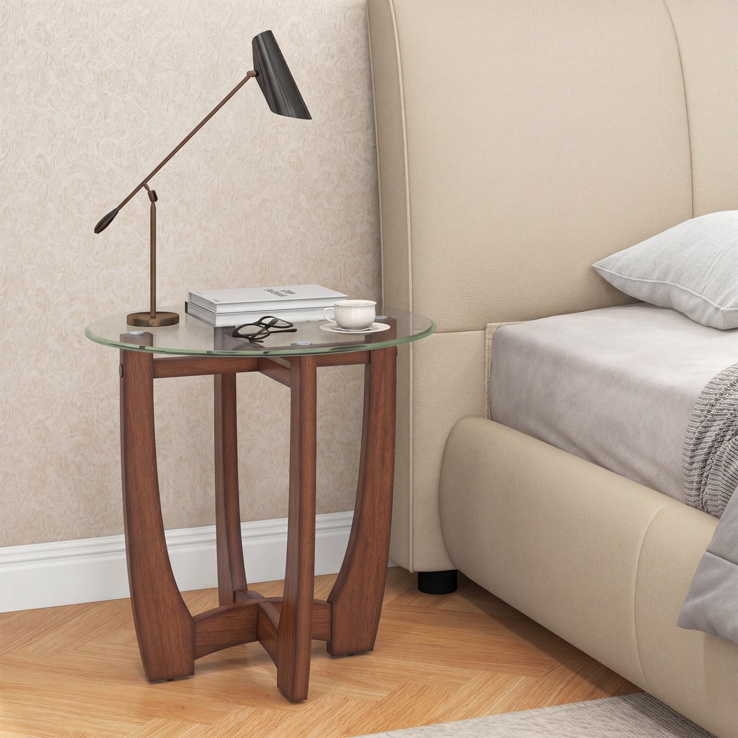 Round Glass End Table with X-Shaped Wood Base 23.5 Inch DirectDeals on Tampa Home & Garden Store