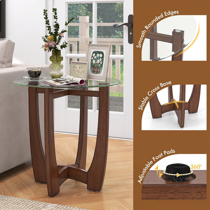 Round Glass End Table with X-Shaped Wood Base, brown finish, 23.5 in, DirectDeals on Tampa Home & Garden Store