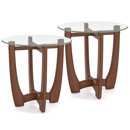 Round glass-top end tables set of 2 with DirectDeals tempered glass top and wood curved legs on Tampa Home & Garden Store