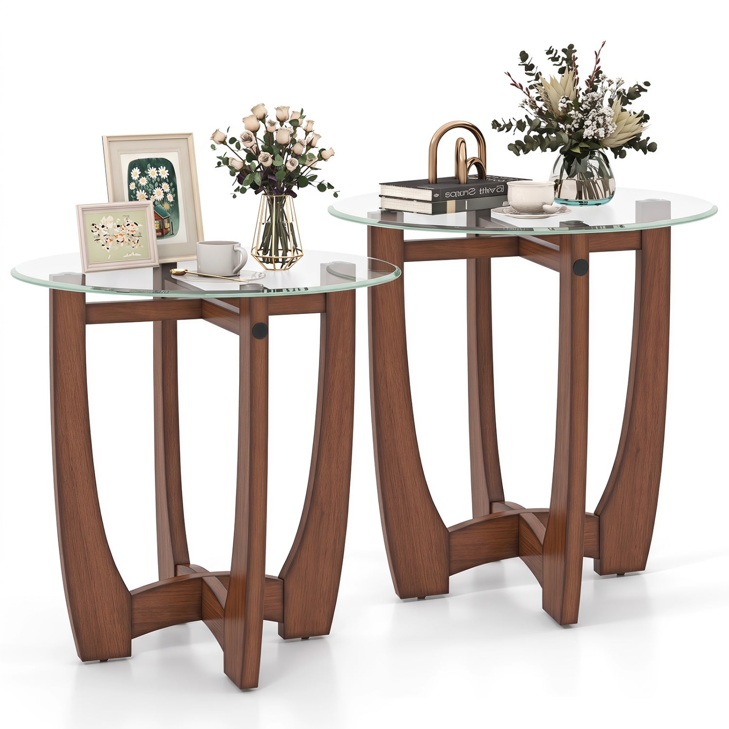 Round end table set of 2 with tempered glass tops and brown wood bases by DirectDeals on Tampa Home & Garden Store