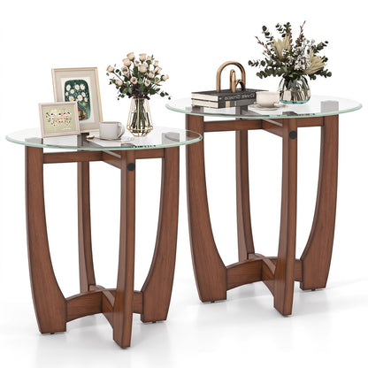 Round end table set of 2 with tempered glass tops and brown wood bases by DirectDeals on Tampa Home & Garden Store