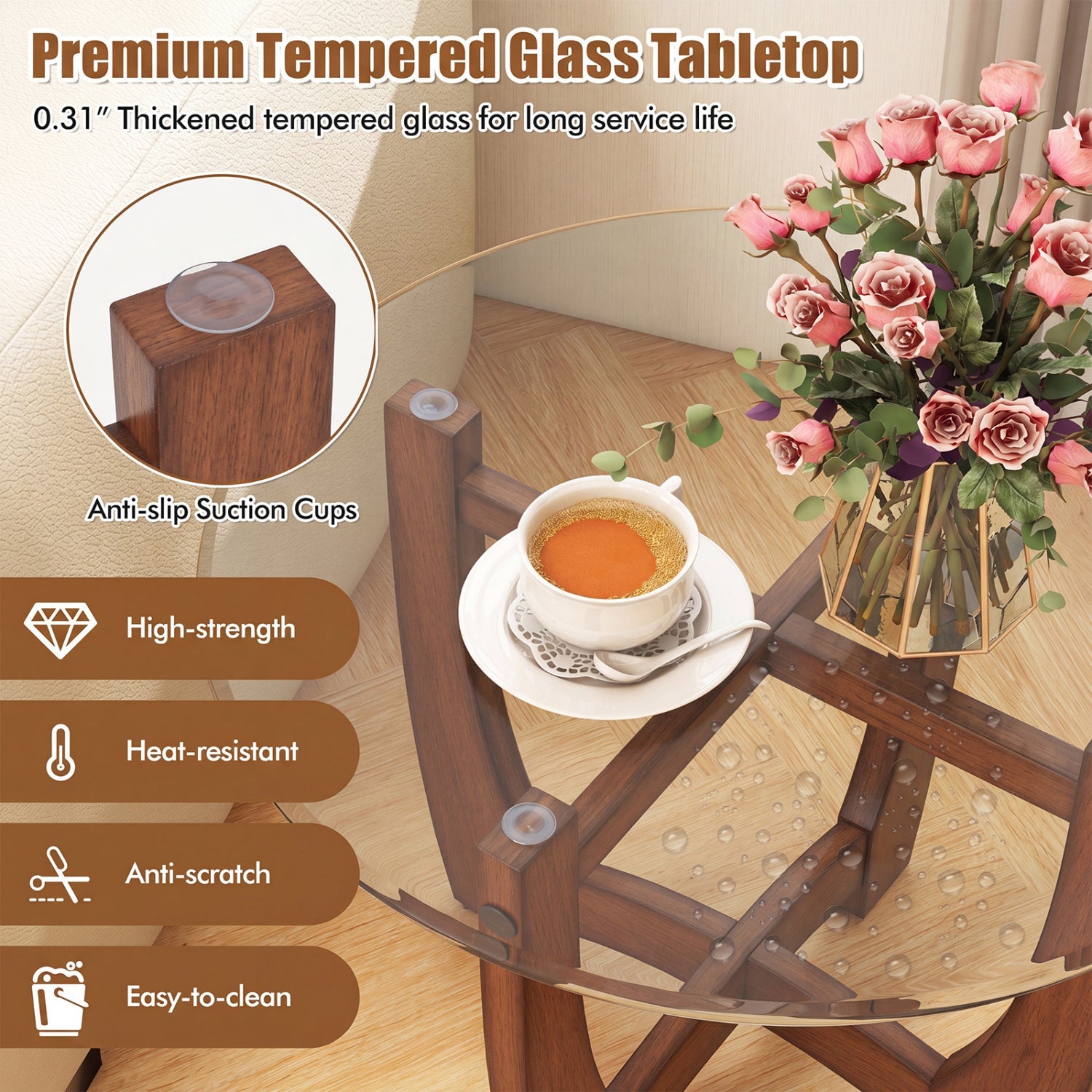 Round End Table Set of 2 with tempered glass top, wood frame, anti-slip cups DirectDeals on Tampa Home & Garden Store