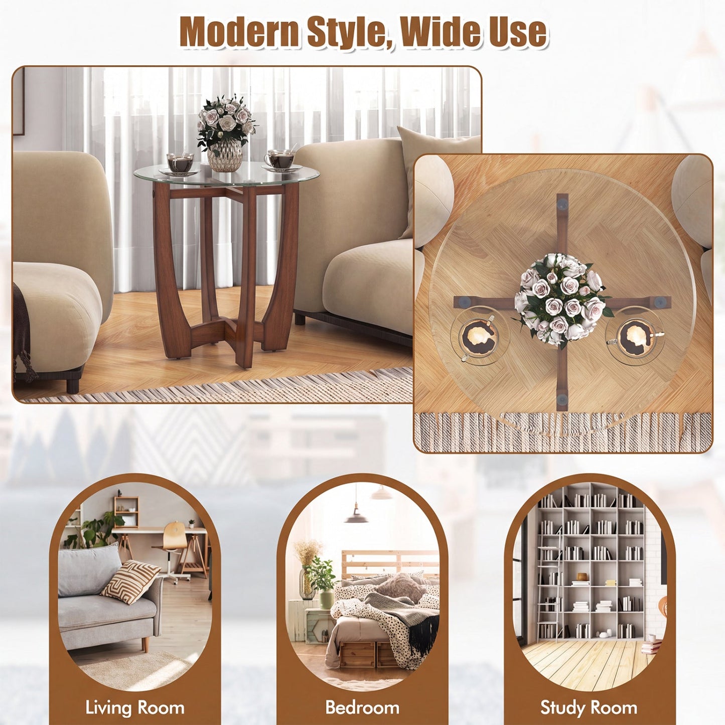 Round End Table set of 2 with tempered glass tops in warm wood finish by DirectDeals on Tampa Home & Garden Store
