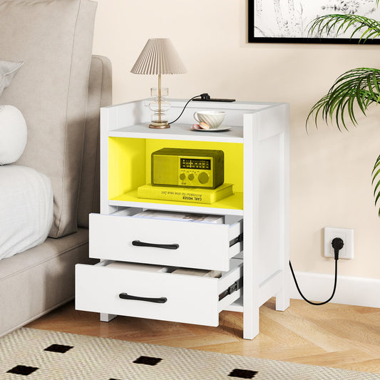 23.5 Inches Nightstand with Charging Station and Open Storage Shelf-White - Tampa Home & Garden Store