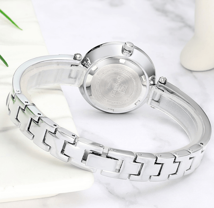 Womens Stevvex stainless steel watch with ceramic marble bracelet, silver-tone, back view on Tampa Home & Garden Store