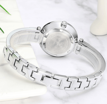 Womens Stevvex stainless steel watch with ceramic marble bracelet, silver-tone, back view on Tampa Home & Garden Store