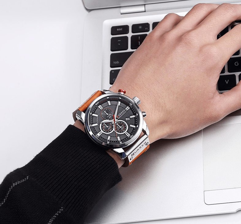 Stevvex men's waterproof chronograph watch with black dial and tan leather strap on Tampa Home & Garden Store