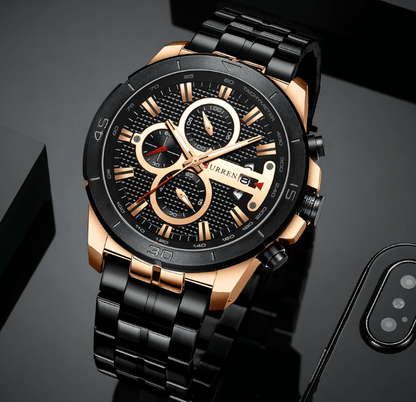 Men's Stevvex waterproof chronograph watch with fluorescent hands and rose-gold bezel on Tampa Home & Garden Store