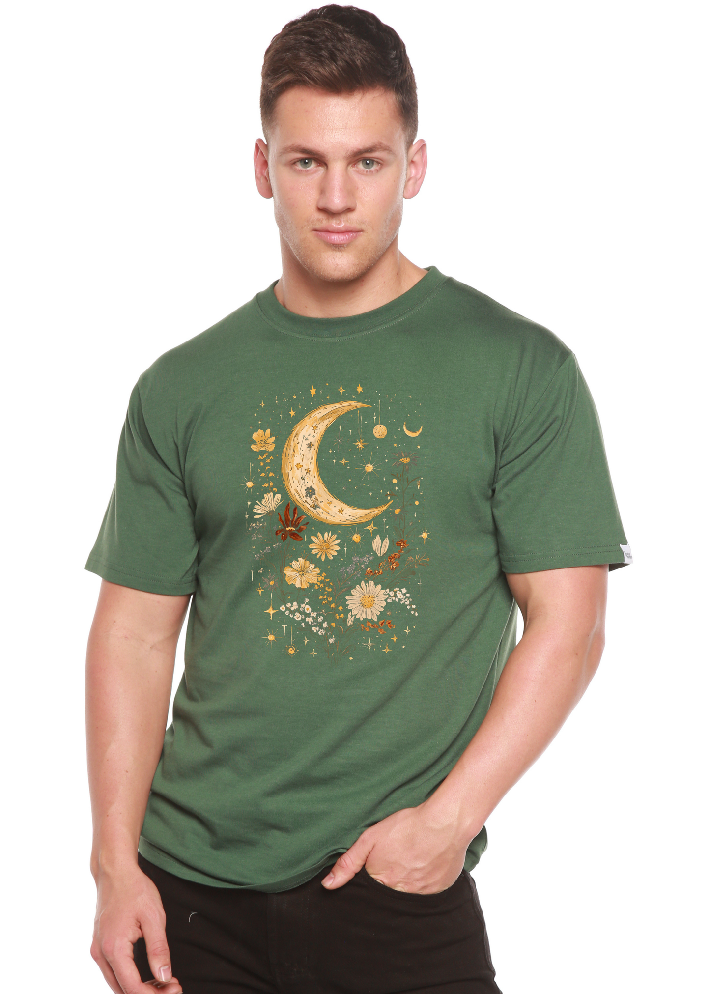 Celestial Moon Boho Flowers Vintage Unisex Bamboo/Cotton Graphic T-Shirt green tee with golden moon and floral print on Tampa Home & Garden Store