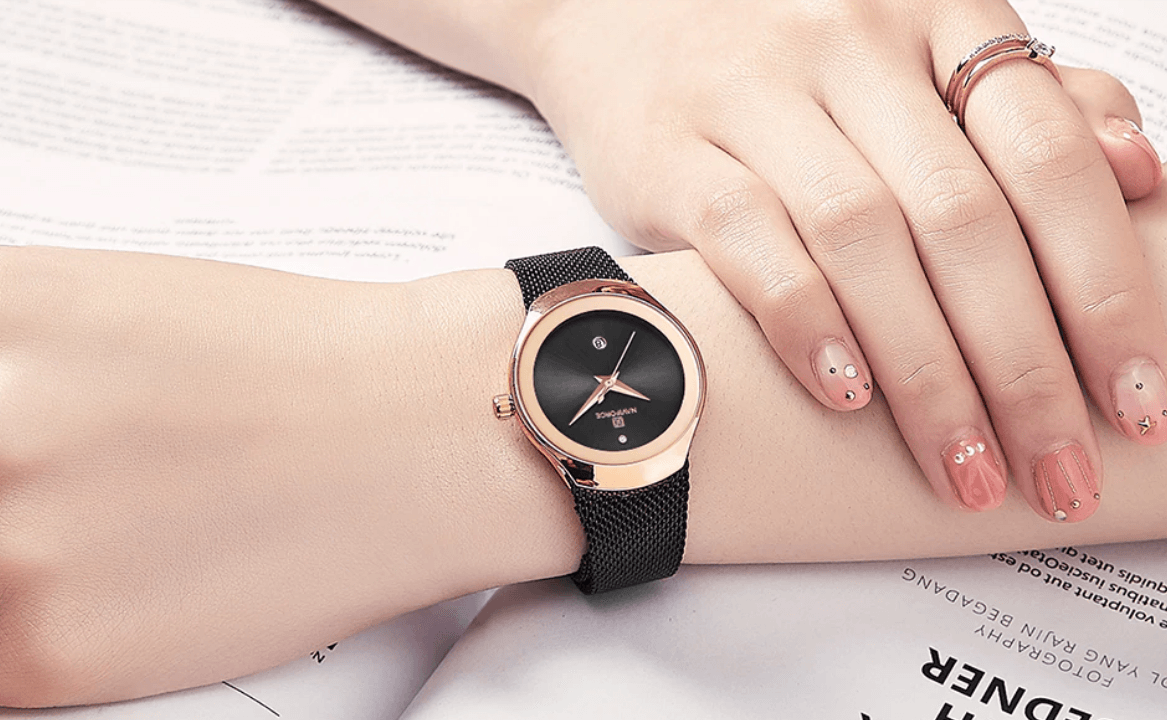 Stevvex stainless steel watch with rose gold bezel and black mesh bracelet on wrist on Tampa Home & Garden Store