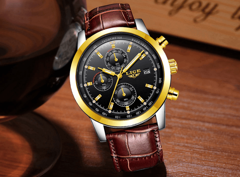 Men's Stevvex waterproof chronograph watch with date display and luminous pointers, gold bezel on Tampa Home & Garden Store