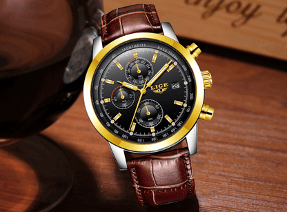 Men's Stevvex waterproof chronograph watch with date display and luminous pointers, gold bezel on Tampa Home & Garden Store