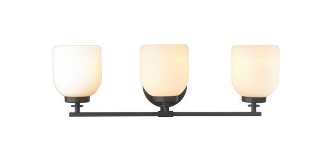 World Imports WI61032 Kelly 3-light bath bar with frosted glass shades on a black metal bar on Tampa Home & Garden Store