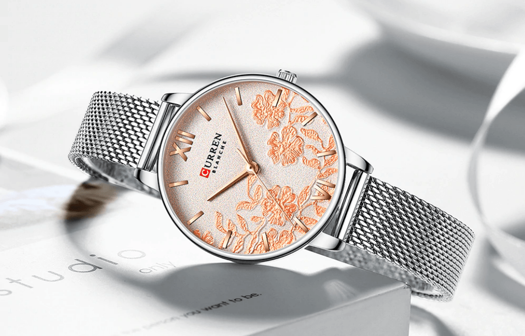 Womens elegant waterproof Curren watch with decoupage floral dial and silver mesh strap on Tampa Home & Garden Store