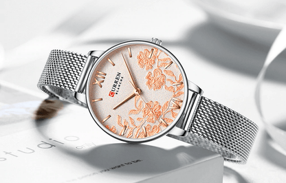 Womens elegant waterproof Curren watch with decoupage floral dial and silver mesh strap on Tampa Home & Garden Store