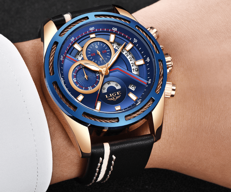 Stevvex men's waterproof sport watch with blue bezel blue dial, chronograph, day/date, black leather strap, LIGE logo on Tampa Home & Garden Store
