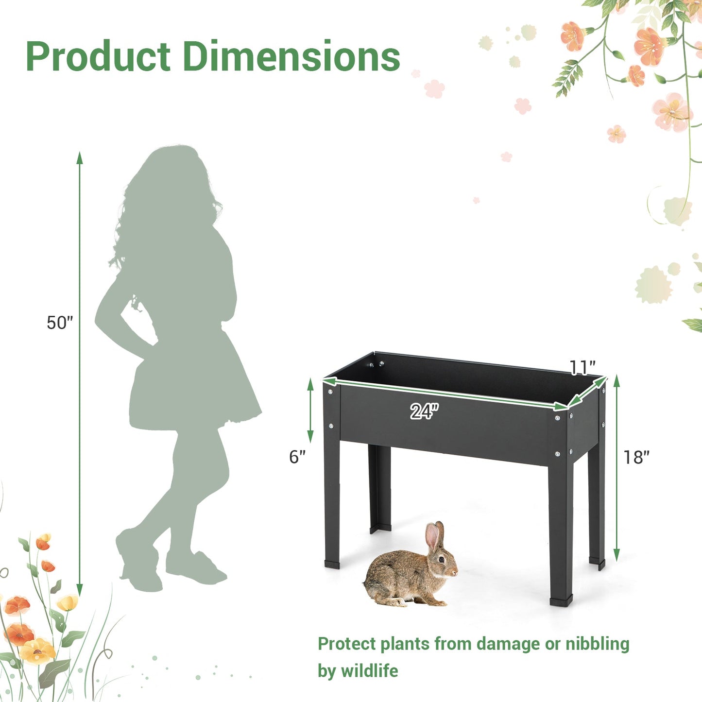 Cama de jardín elevada de metal con patas y orificio de drenaje para flores y verduras - 24 x 11 x 18 pulgadas