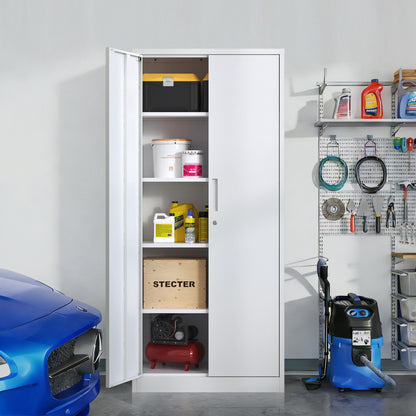 Steel garage storage cabinet with adjustable shelves and lock in white; open door reveals tools on Tampa Home & Garden Store