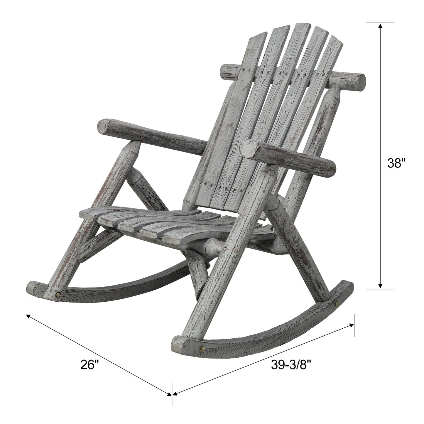 Durable fir log rocking chair with gray finish, slats and curved rockers for porch on Tampa Home & Garden Store