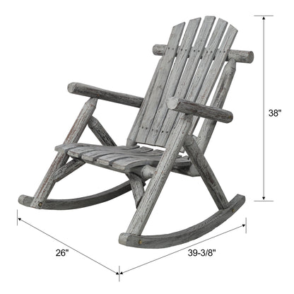 Durable fir log rocking chair with gray finish, slats and curved rockers for porch on Tampa Home & Garden Store