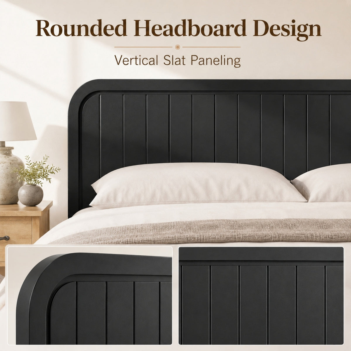 King bed frame with rounded headboard in black, vertical slat design HouseOfZazla beige bedding on Tampa Home & Garden Store