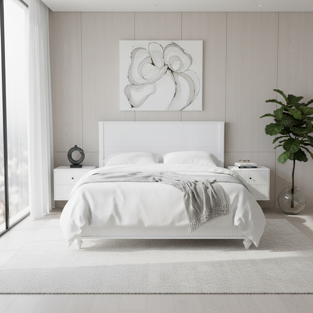 Solid White Queen Bed Frame and Wooden Board