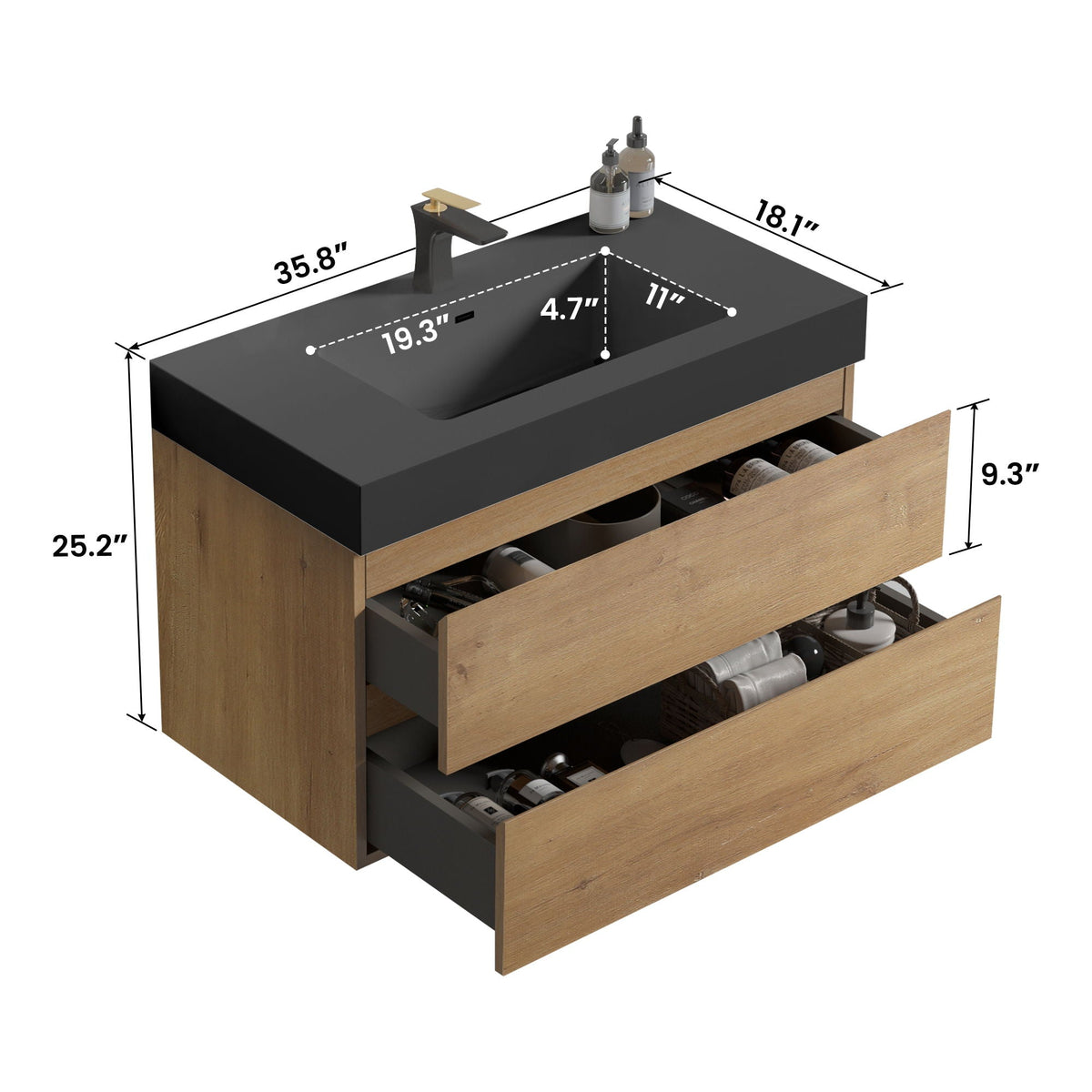 Natural oak floating bathroom vanity with quartz sink, light brown finish, by HouseOfZazla on Tampa Home & Garden Store
