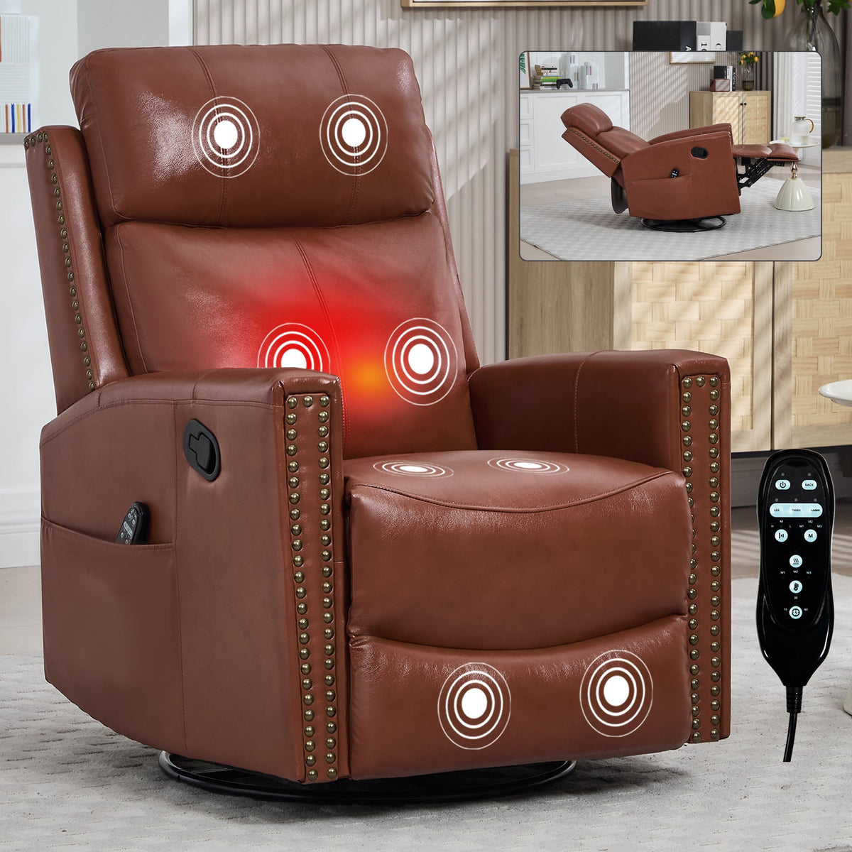 Red genuine leather heat massage manual recliner chair by HouseOfZazla with studded arms on Tampa Home & Garden Store