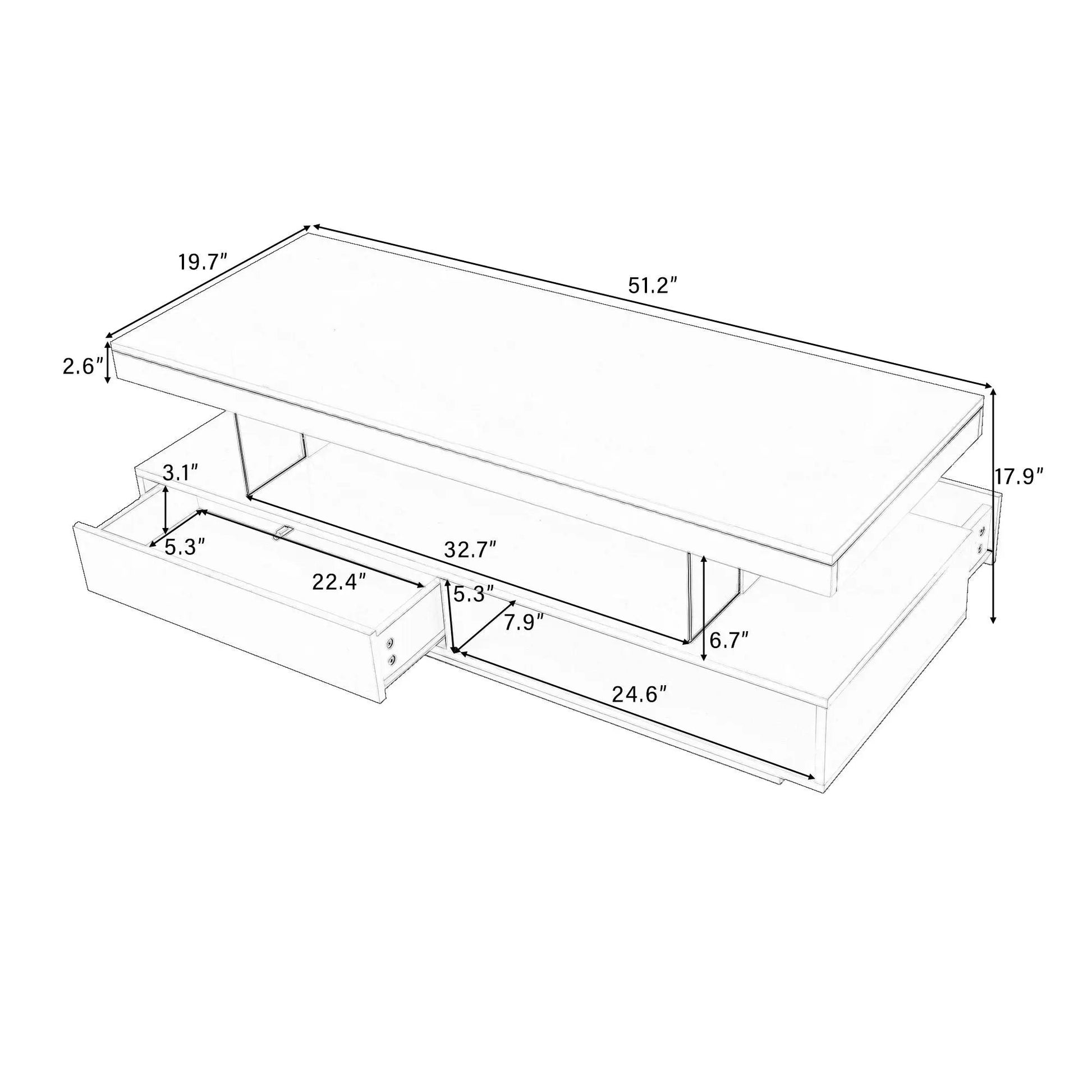 LED coffee table with 2 drawers and display shelves blueprint drawing by Unique Piece Furniture on Tampa Home & Garden Store