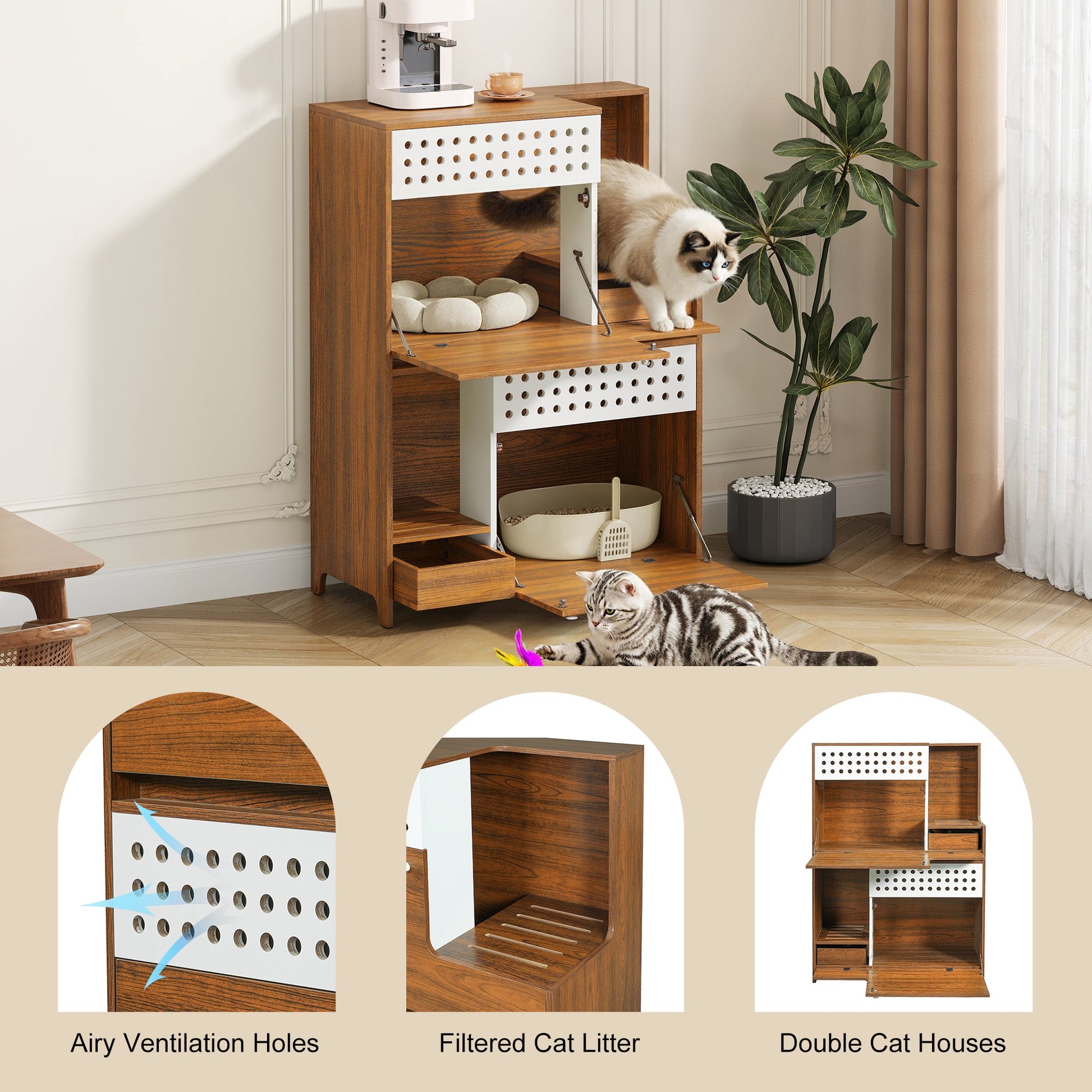2-Piece Modern 2 IN 1 Cat Furniture Set HouseOfZazla, wooden pet furniture with white perforated panels on Tampa Home & Garden Store