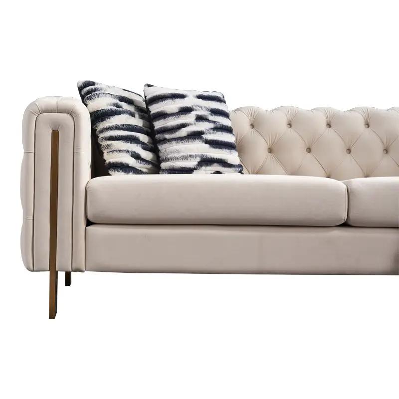 Chesterfield Tufted Sofa in beige velvet with 2 striped cushions on Tampa Home & Garden Store