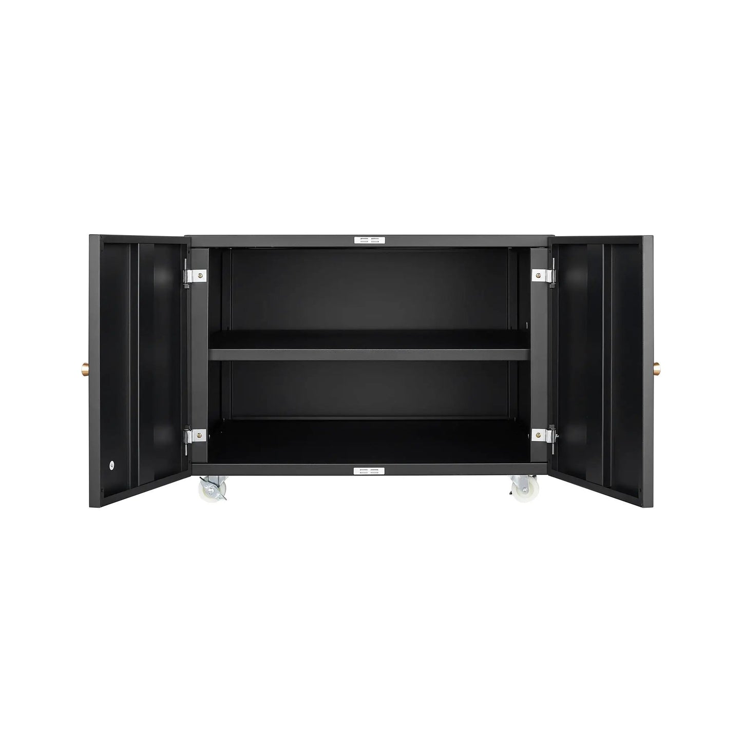 2-door black steel copier cabinet on casters with open interior shelf on Tampa Home & Garden Store