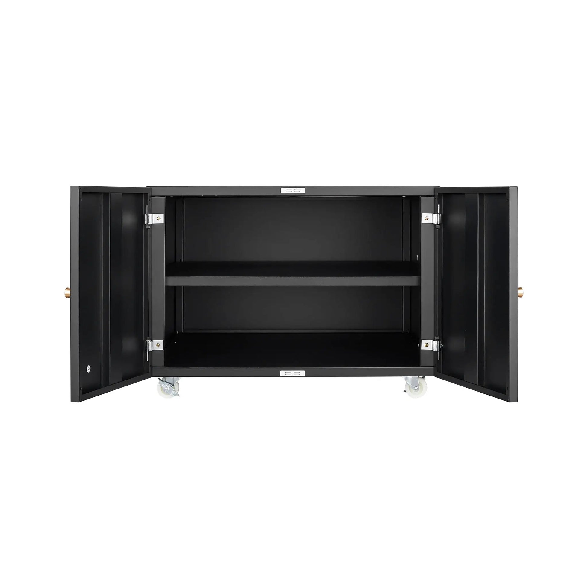 2-door black steel copier cabinet on casters with open interior shelf on Tampa Home & Garden Store