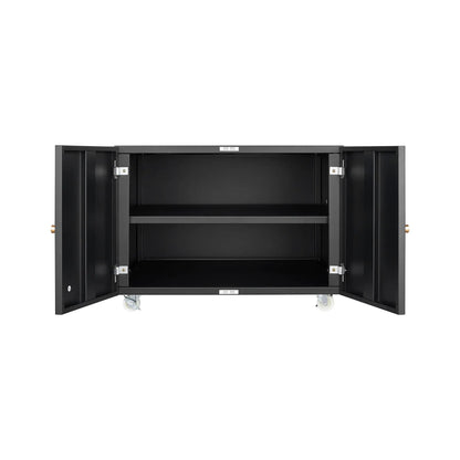 2-door black steel copier cabinet on casters with open interior shelf on Tampa Home & Garden Store