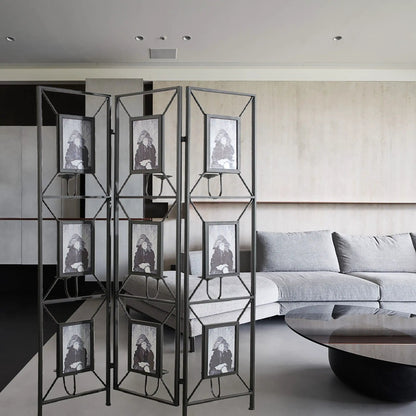 Three-panel black metal room divider with built-in photo frames by Unique Piece Furniture on Tampa Home & Garden Store