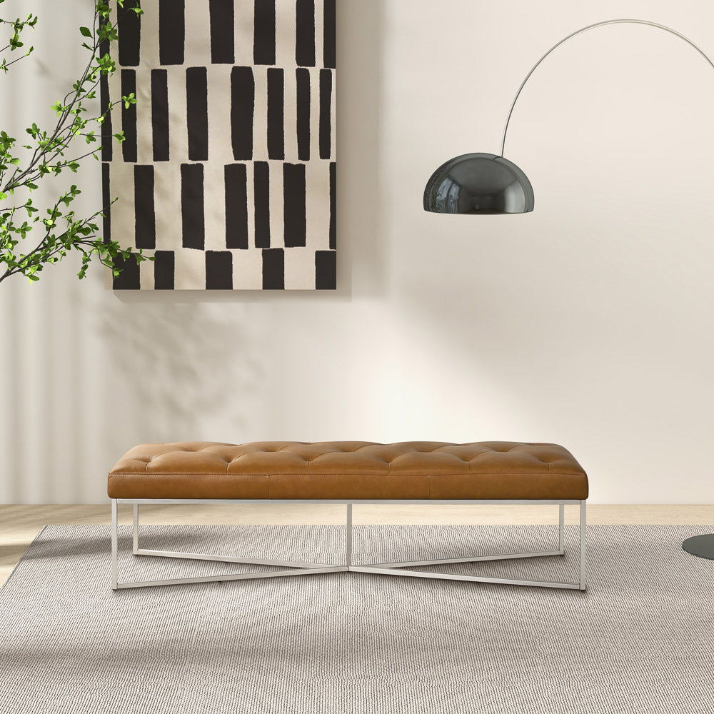 Harper Bench tan tufted upholstery with teak frame and metal legs by HouseOfZazla on Tampa Home & Garden Store