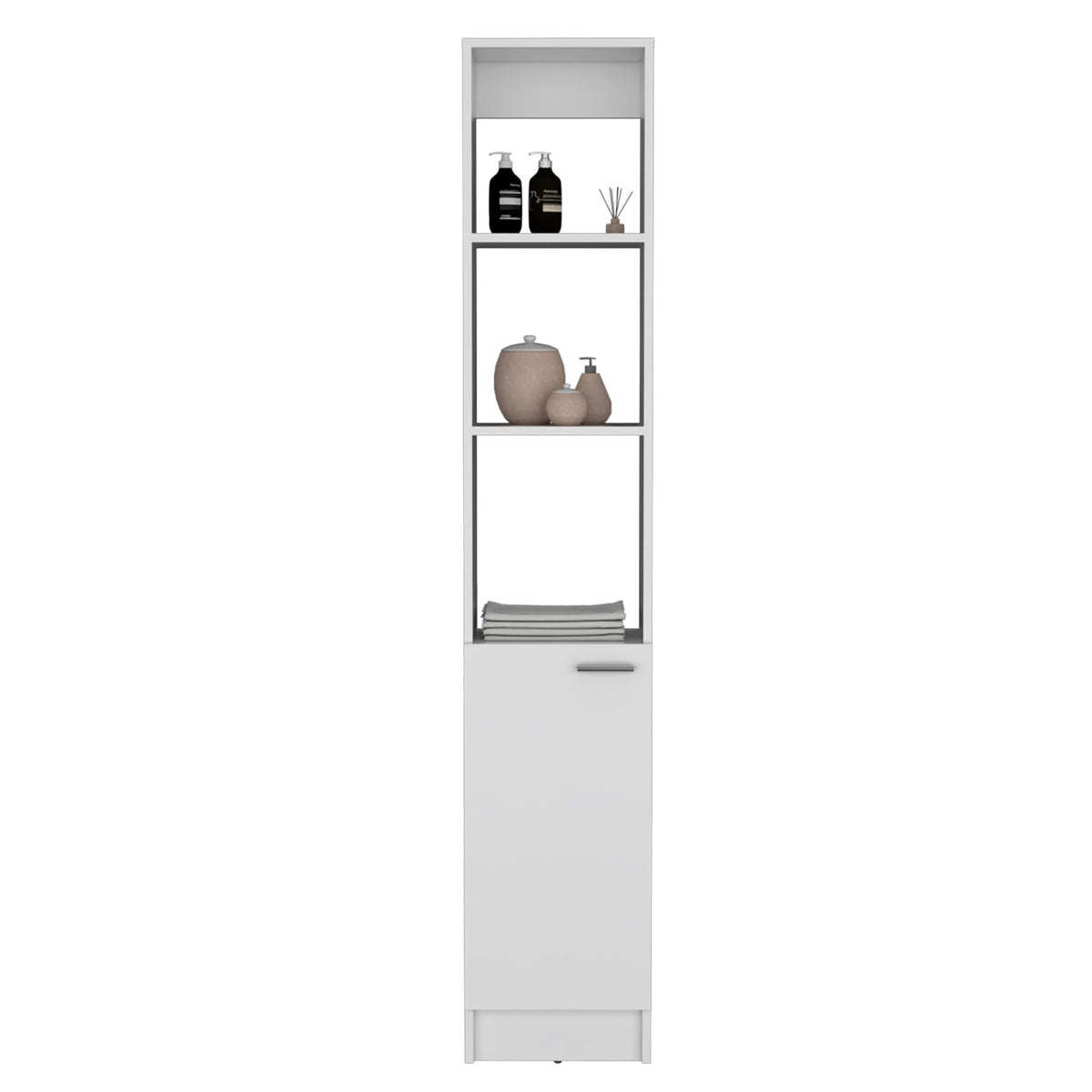 White linen cabinet with adjustable shelves, 1 door, 6 shelves showing bottles and towels on Tampa Home & Garden Store