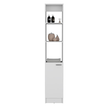White linen cabinet with adjustable shelves, 1 door, 6 shelves showing bottles and towels on Tampa Home & Garden Store