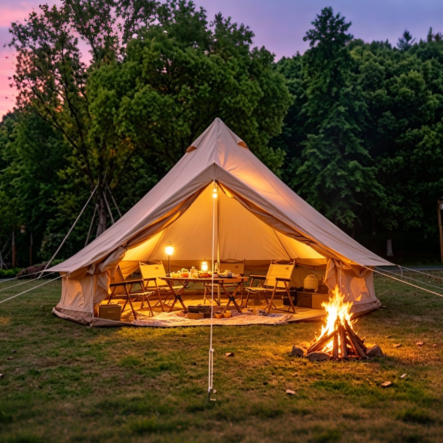 GemGear Oxford Bell Tent 13.1ft with stove jack, beige canvas, warm interior lighting on Tampa Home & Garden Store