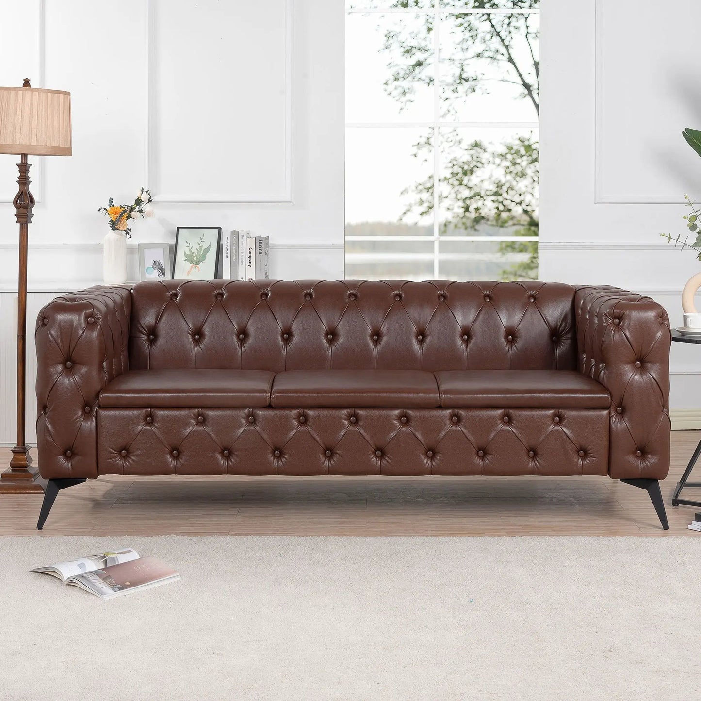 Square Arm Removable Cushion 3 Seater Sofa in brown tufted leather with black metal legs on Tampa Home & Garden Store
