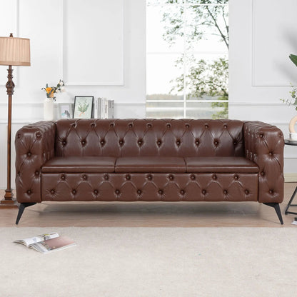 Square Arm Removable Cushion 3 Seater Sofa in brown tufted leather with black metal legs on Tampa Home & Garden Store