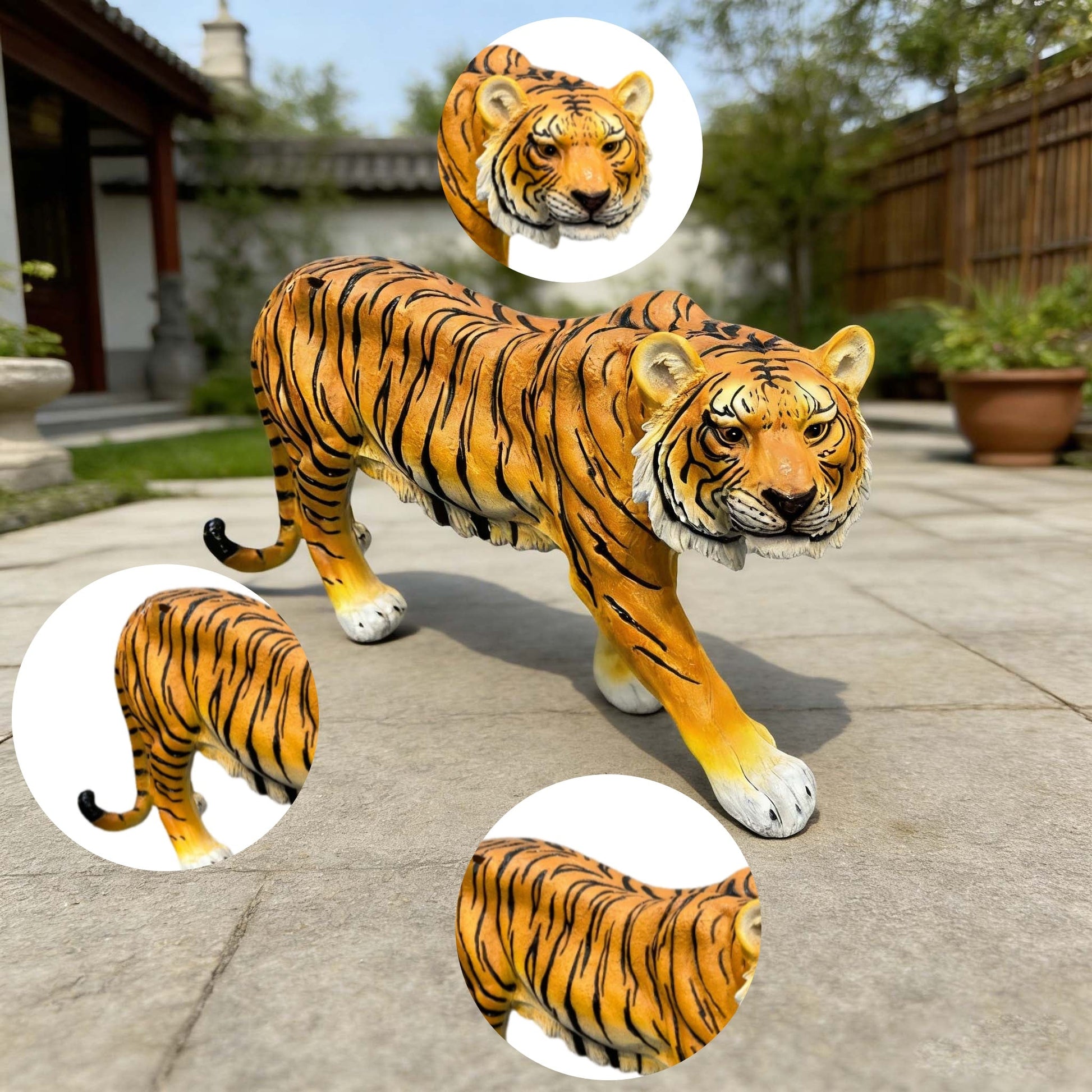 Simulated Tiger Resin Garden Statue set of 3, orange striped figures, HouseOfZazla on Tampa Home & Garden Store