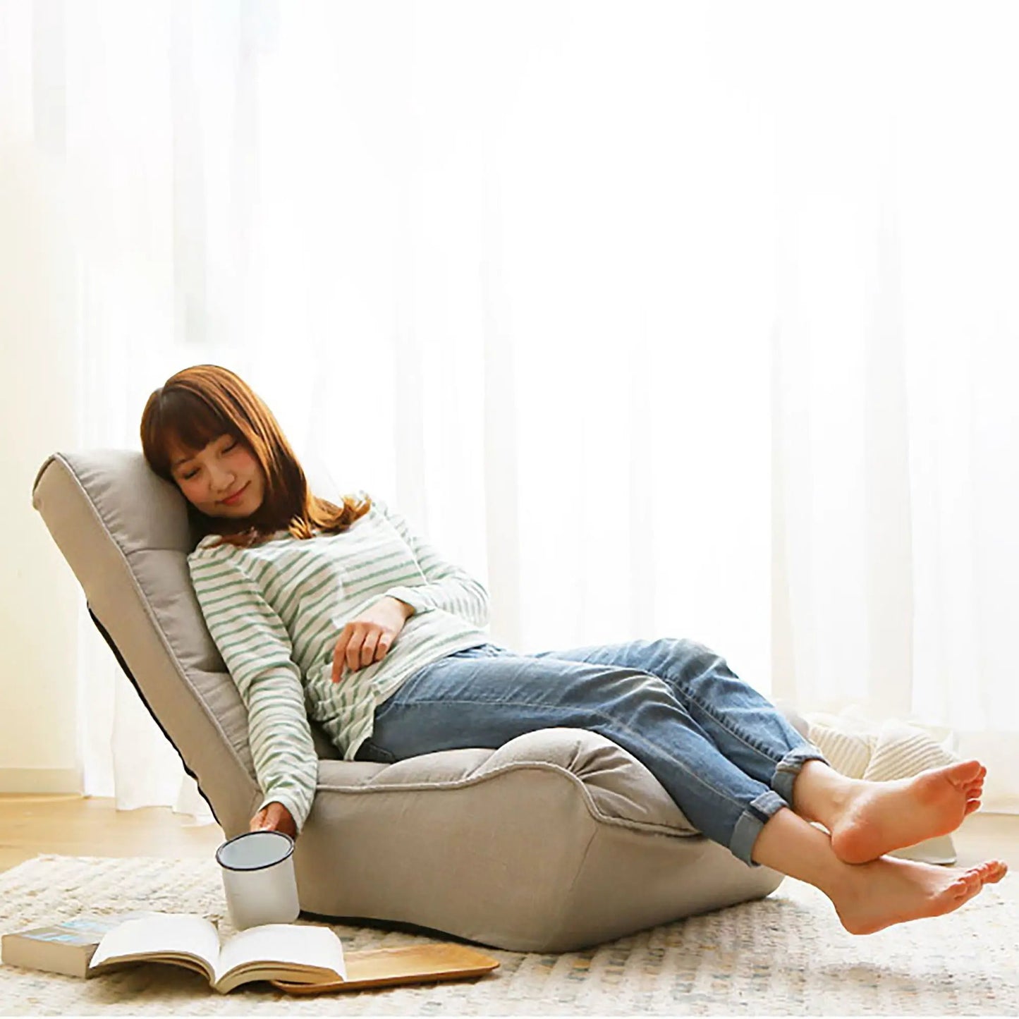 Reclining Japanese chair Lazy Sofa Tatami Balcony Adjustable Chair in gray fabric with a person on Tampa Home & Garden Store