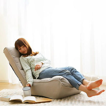 Reclining Japanese chair Lazy Sofa Tatami Balcony Adjustable Chair in gray fabric with a person on Tampa Home & Garden Store
