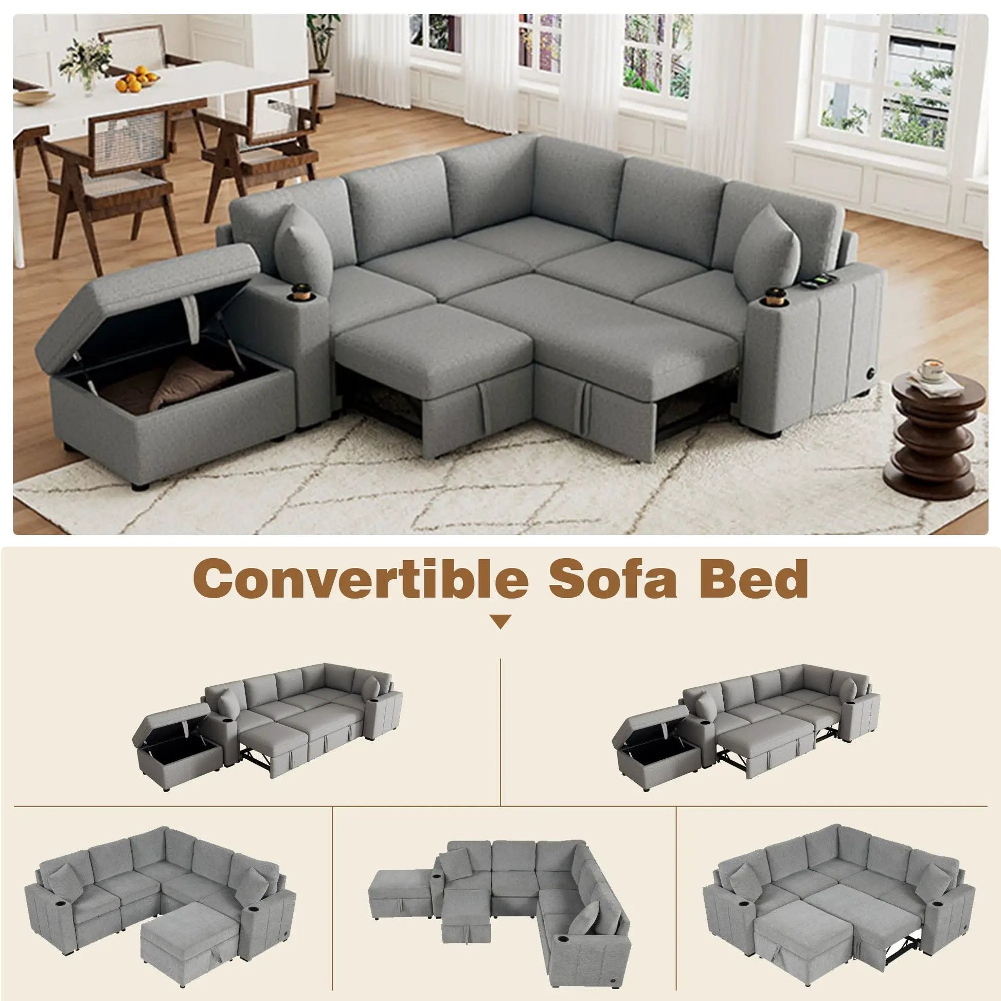 Sectional sofa convertible pull-out bed with movable storage ottoman in gray fabric on Tampa Home & Garden Store