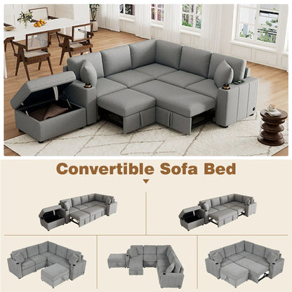 Sectional sofa convertible pull-out bed with movable storage ottoman in gray fabric on Tampa Home & Garden Store
