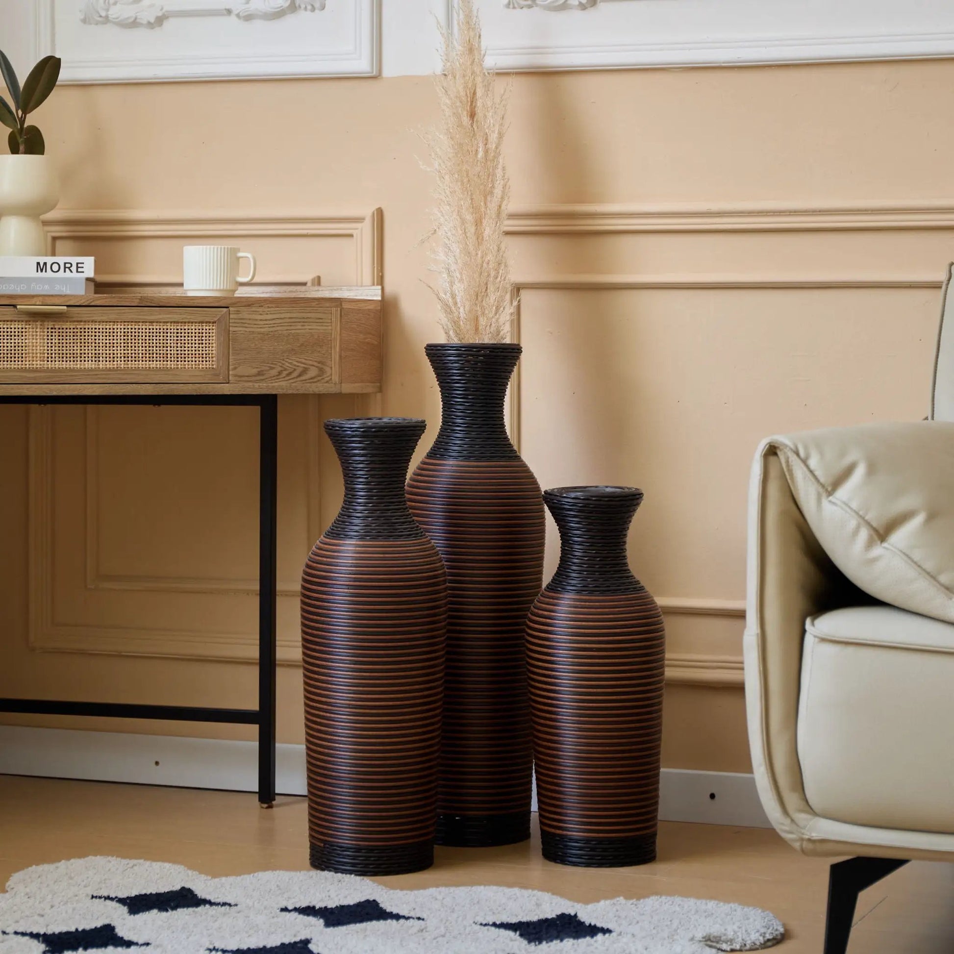 Classic And Neat Floor Vase set of 3 in tall dark brown ribbed ceramic with pampas grass on Tampa Home & Garden Store