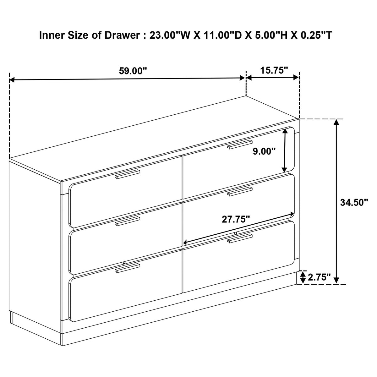 Sophia 4 Piece Bedroom Set dresser schematic by HouseOfZazla with drawer dimensions on Tampa Home & Garden Store