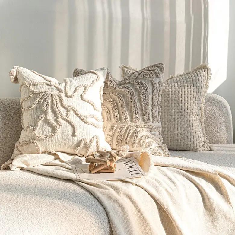 Sofa throw pillow cream color with 3D embroidery, textured decorative cushion by FLIPSTYLEZLLC on Tampa Home & Garden Store