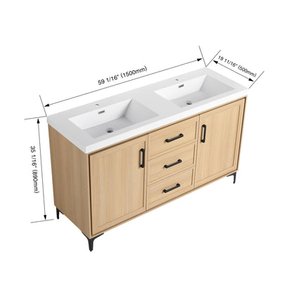 Original 60in freestanding bathroom vanity with two resin sinks in oak, black pulls on Tampa Home & Garden Store